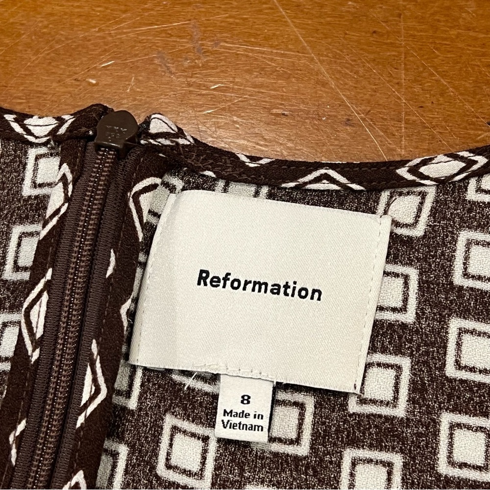 Reformation Noha Sleeveless Crepe Mini Dress Palladio Brown Geometric Print 8 - Picture 10 of 16